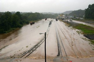 Flooded roads and railroad tracks