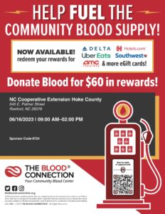 Donate blood with The Blood Connection, June 16 at 9am-2pm at 645 E Palmer St, Raeford, NC